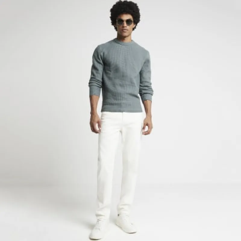 Green Slim Fit Waffle Textured Crew Jumper sold by River Island