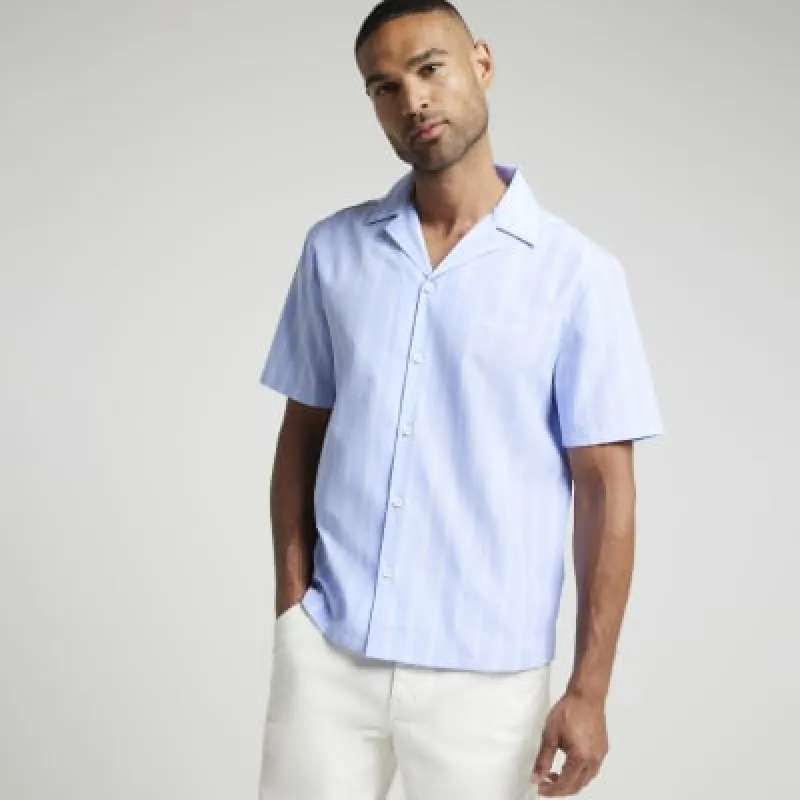 Blue regular fit poplin stripe revere shirt sold by River Island
