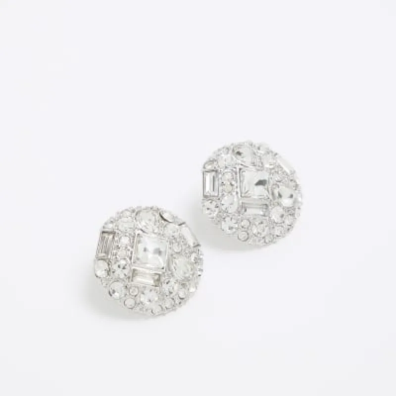 Silver Crystal Round Studded Earrings sold by River Island