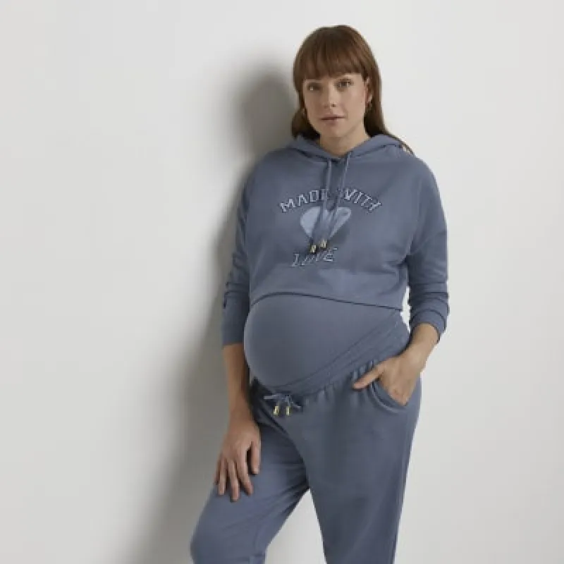 Blue graphic cropped maternity hoodie made by River Island