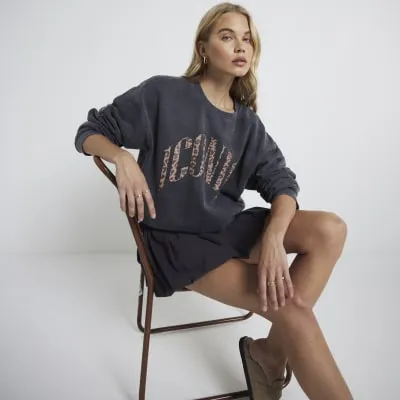Grey graphic leopard print script sweatshirt sold by River Island