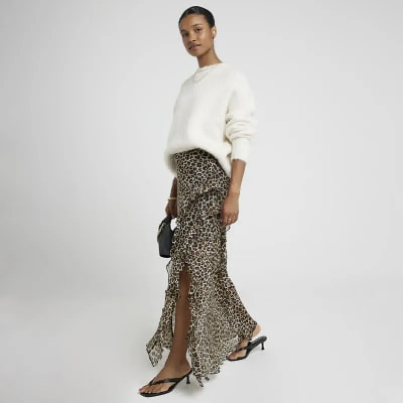 Brown chiffon leopard frill maxi skirt sold by River Island