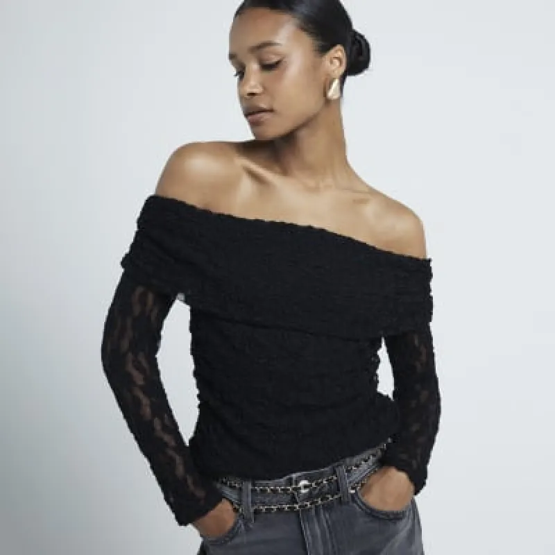 Black Lace Bardot Top sold by River Island
