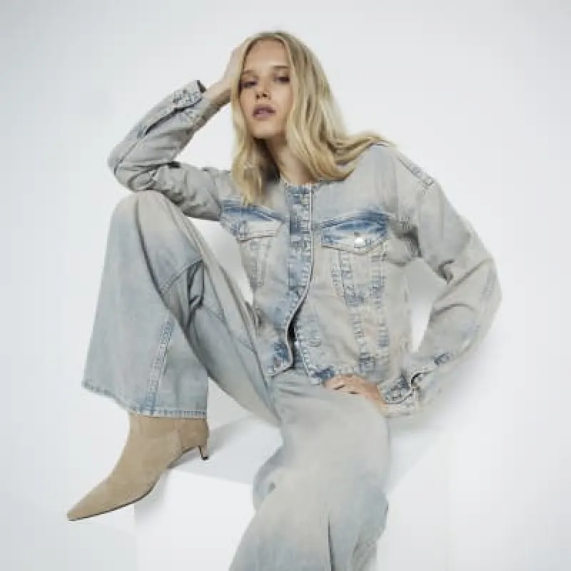 Grey crew neck denim jacket sold by River Island
