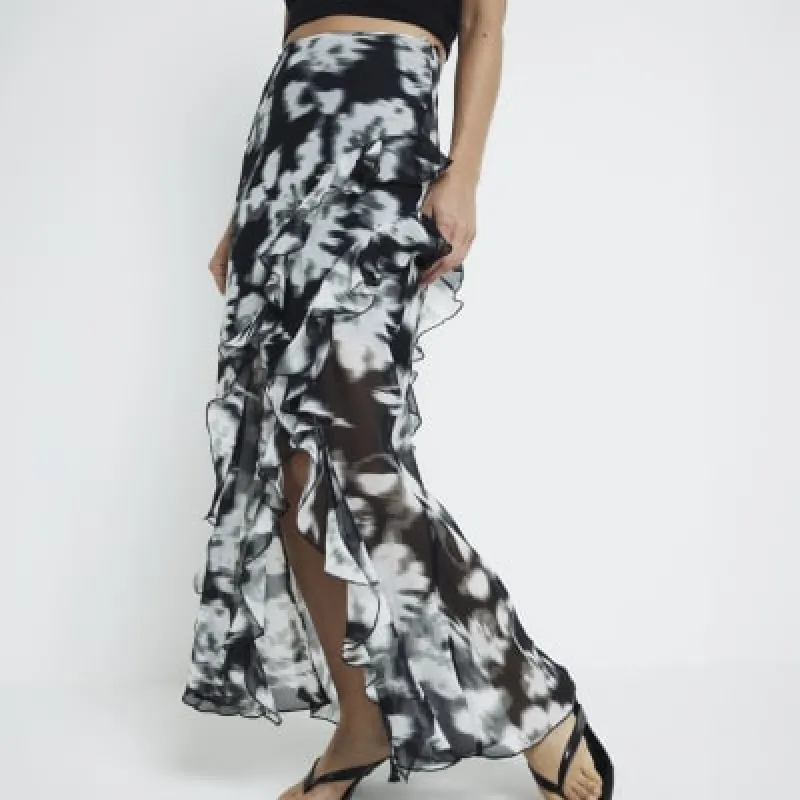 Black chiffon floral frill maxi skirt sold by River Island