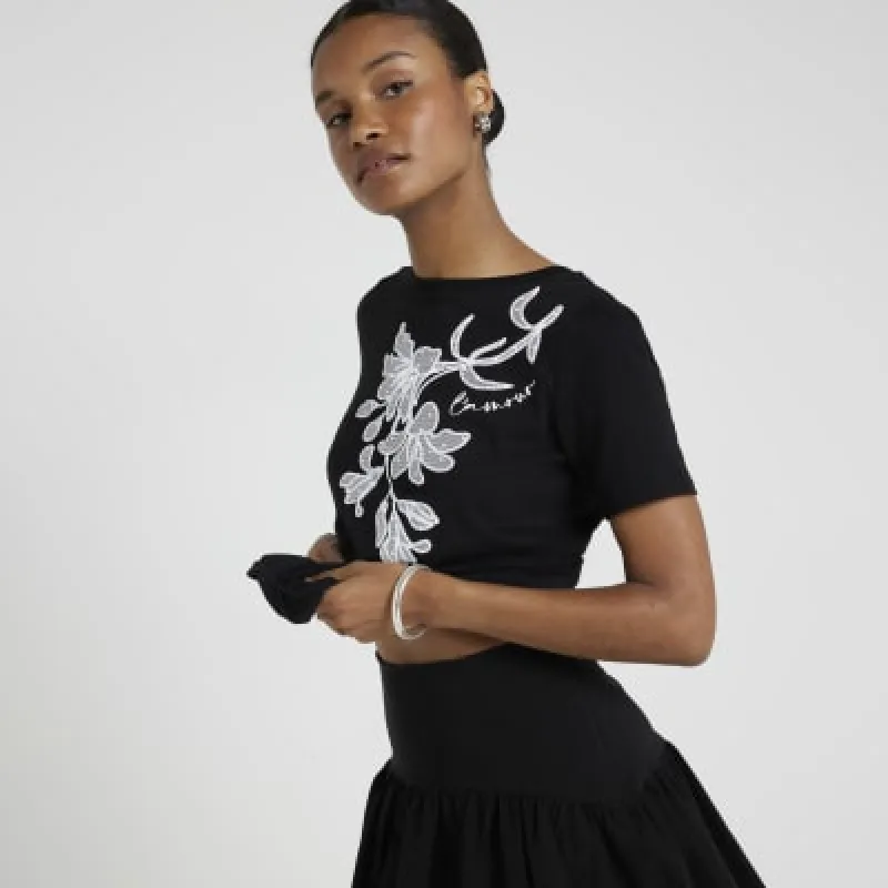 Black embellished floral t-shirt sold by River Island
