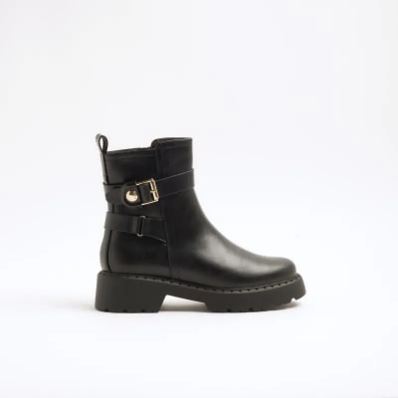 Black wide fit buckle chunky ankle boots sold by River Island