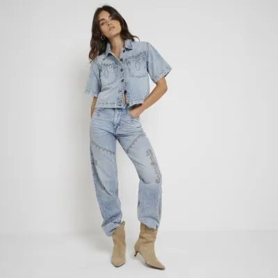 Blue Denim Relaxed Straight embroidered jeans sold by River Island