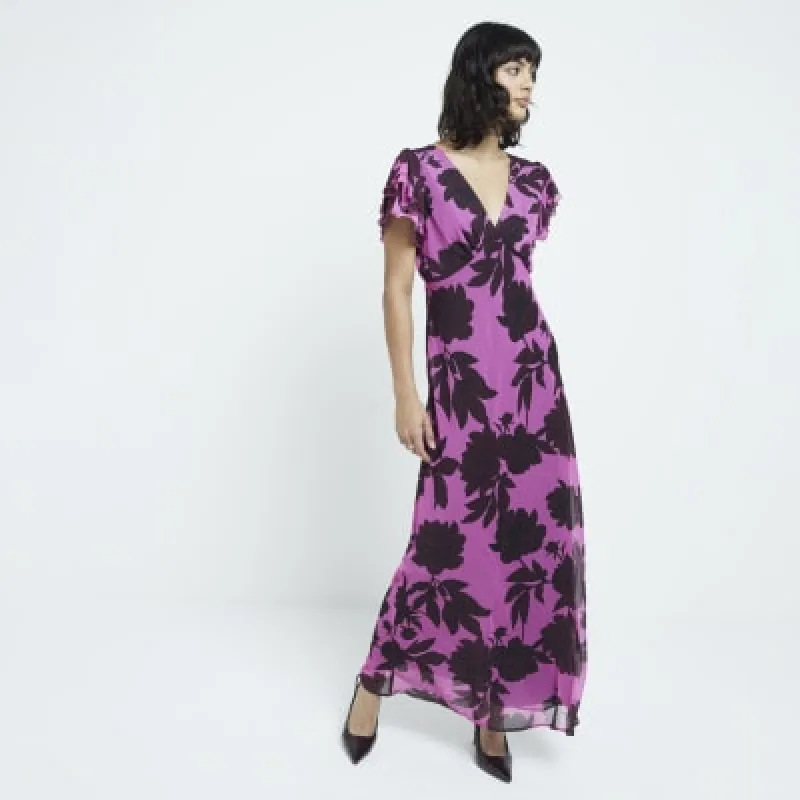 Pink Floral Frill Maxi Dress sold by River Island