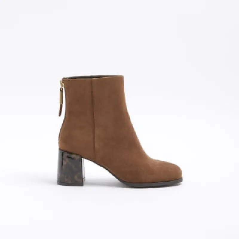 Brown wide fit suedette block heeled boots sold by River Island