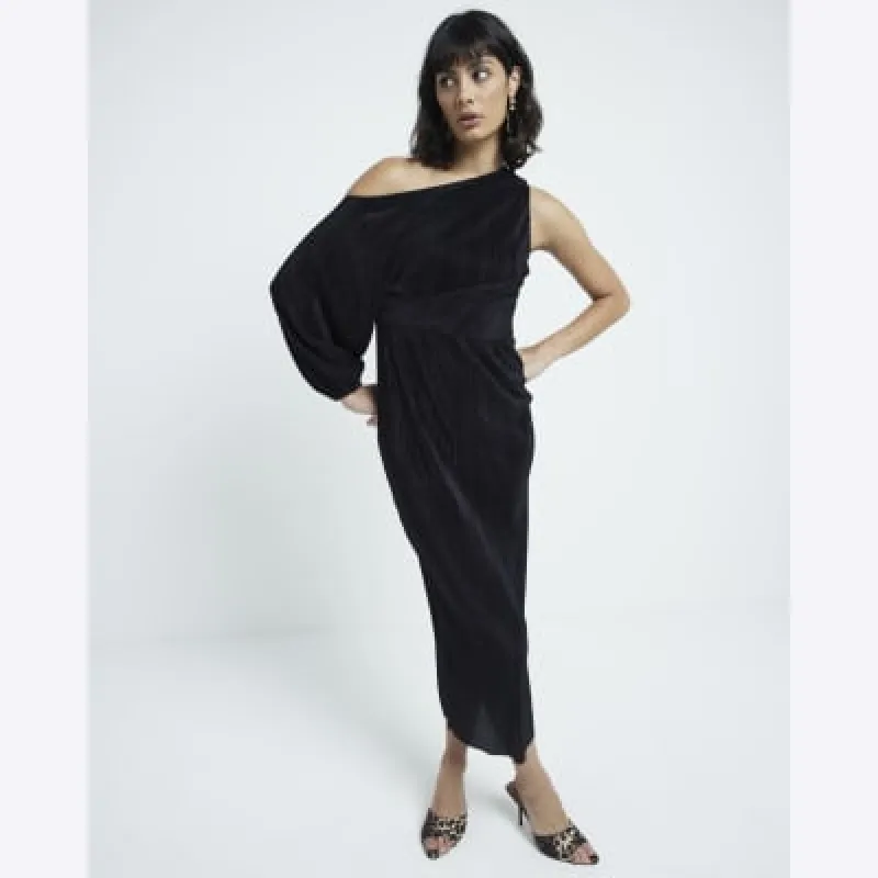 Black plisse asymmetric bodycon midi dress sold by River Island