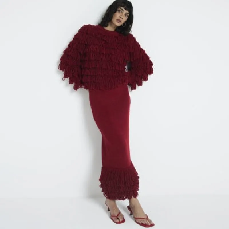 Red knit fringe midi skirt sold by River Island