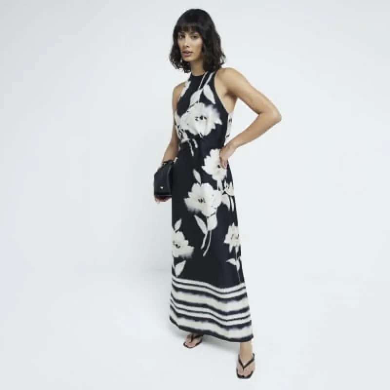 Black satin floral twist slip maxi dress sold by River Island
