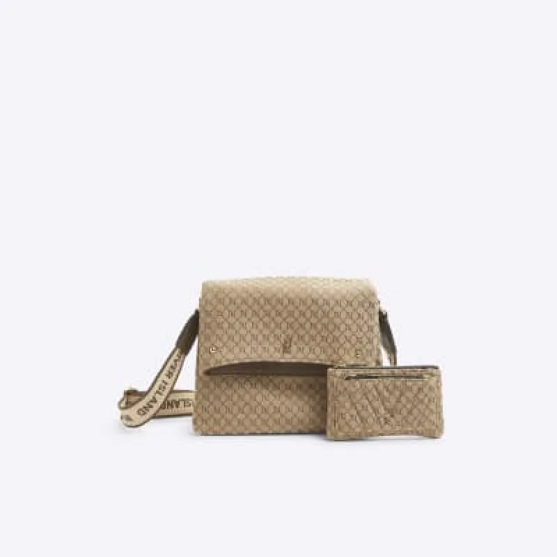 Brown monogram cross body bag and purse sold by River Island