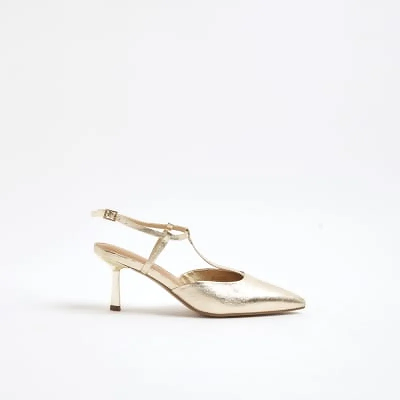 Gold sling back heeled court shoes made by River Island