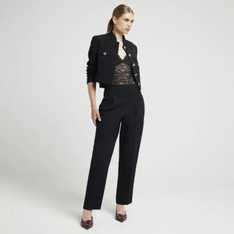 Black premium high waisted slim leg trousers sold by River Island