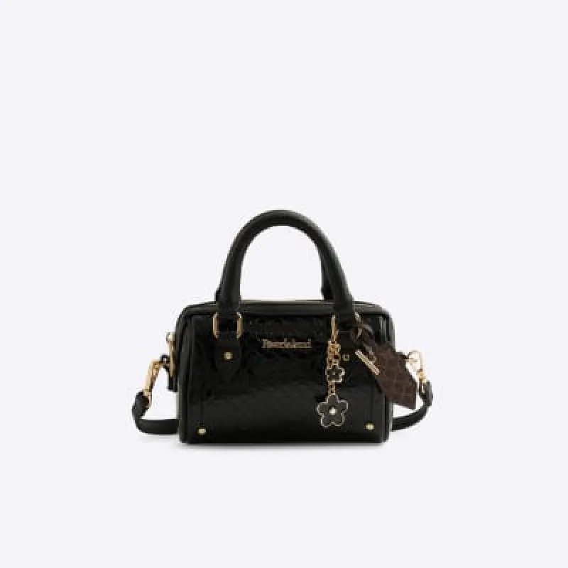 Black embossed monogram bowler cross body bag sold by River Island