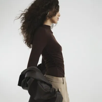 Brown Long Sleeved Draped Ruched Top sold by River Island