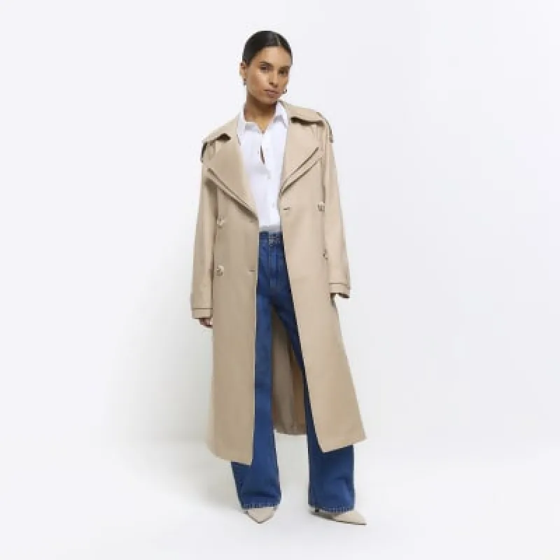 Petite beige double collar belted trench coat sold by River Island