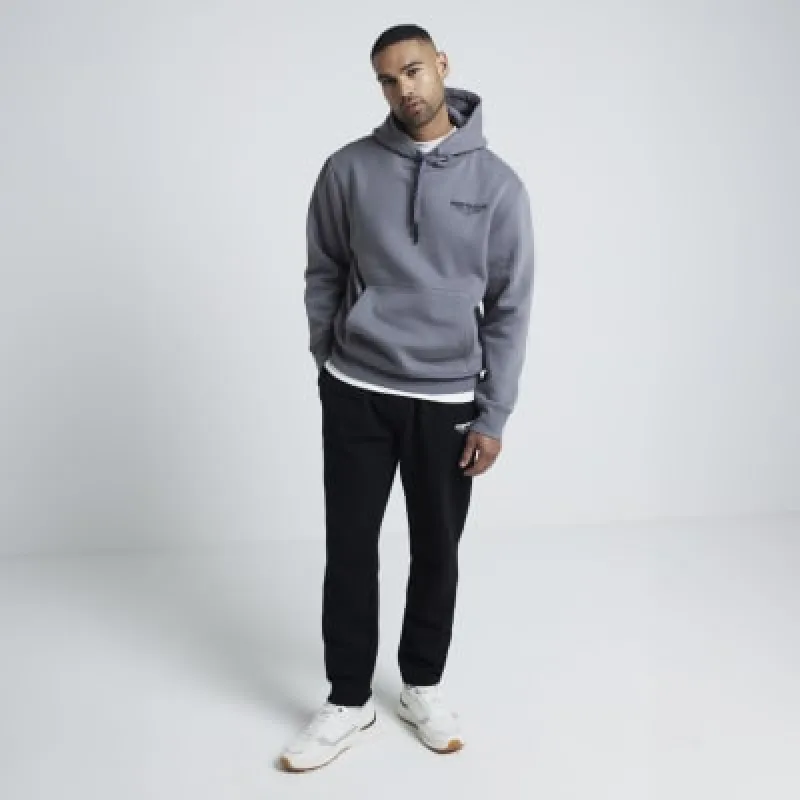 Grey regular fit graphic script hoodie sold by River Island