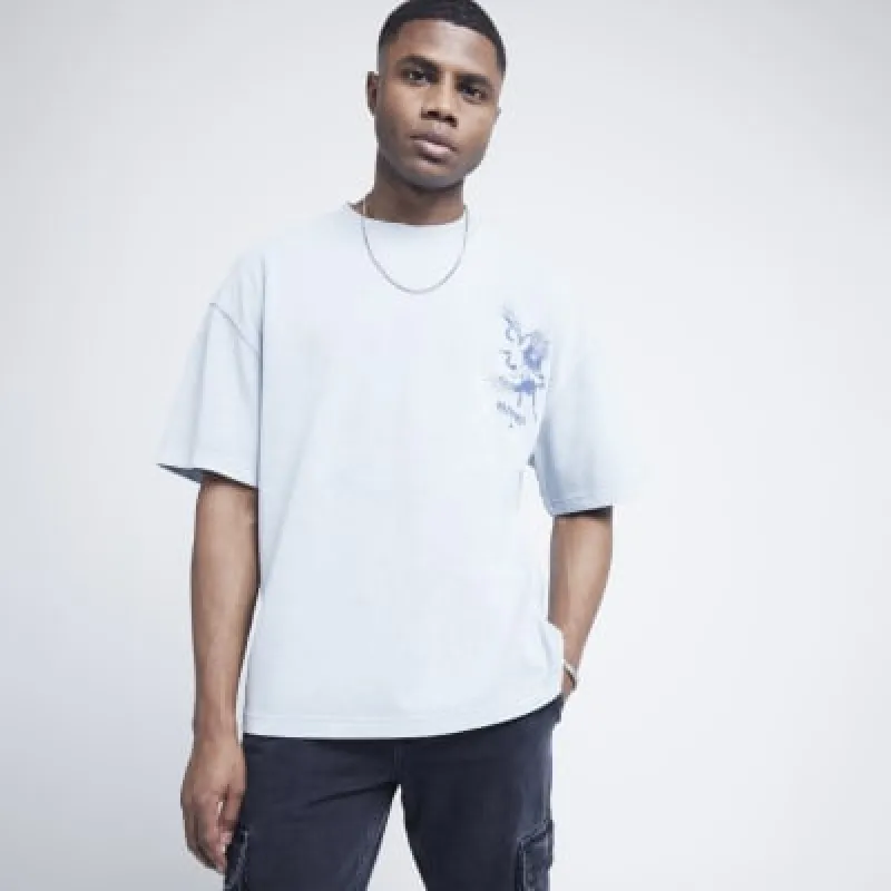 Blue oversized fit crane graphic t-shirt sold by River Island