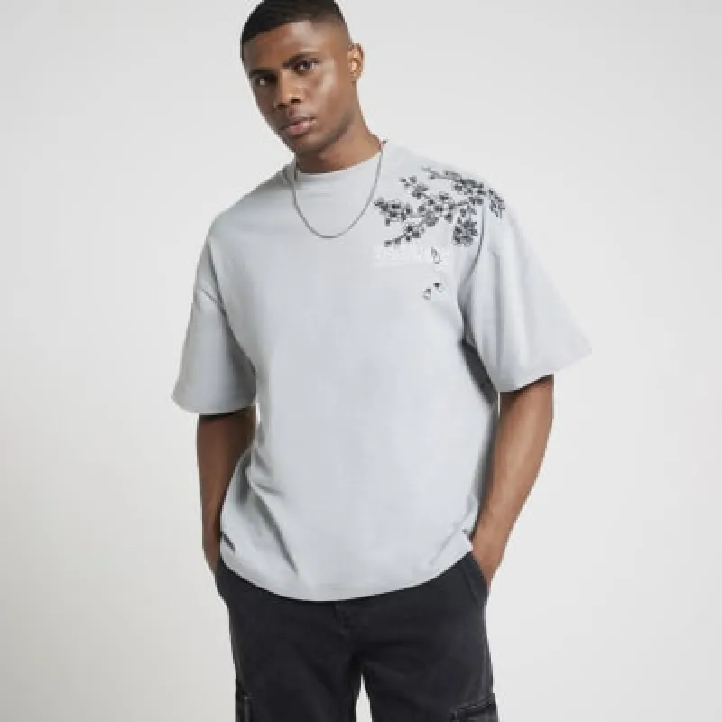 Grey oversized fit floral t-shirt made by River Island