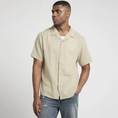 Khaki regular fit textured revere shirt sold by River Island
