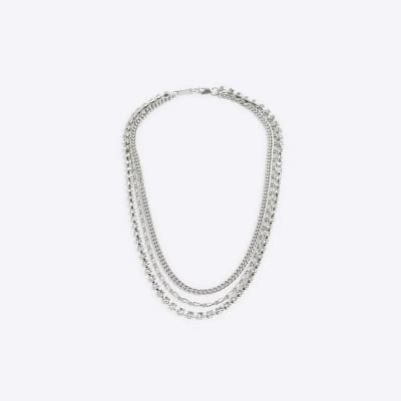 Silver colour diamante multirow necklace sold by River Island