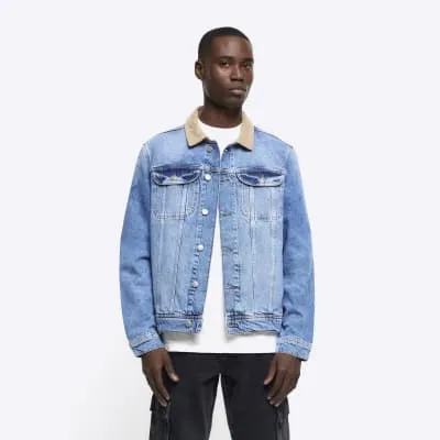 Blue regular corduroy collar denim jacket sold by River Island
