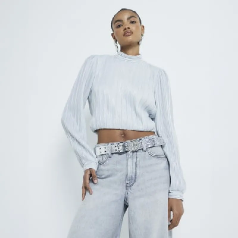 Silver Plisse Long Sleeve Blouse sold by River Island