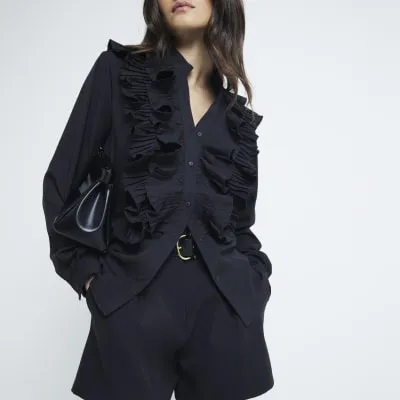 Black Long Sleeve Ruffle Blouse sold by River Island