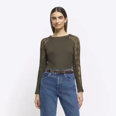 Khaki rib lace long sleeve top sold by River Island