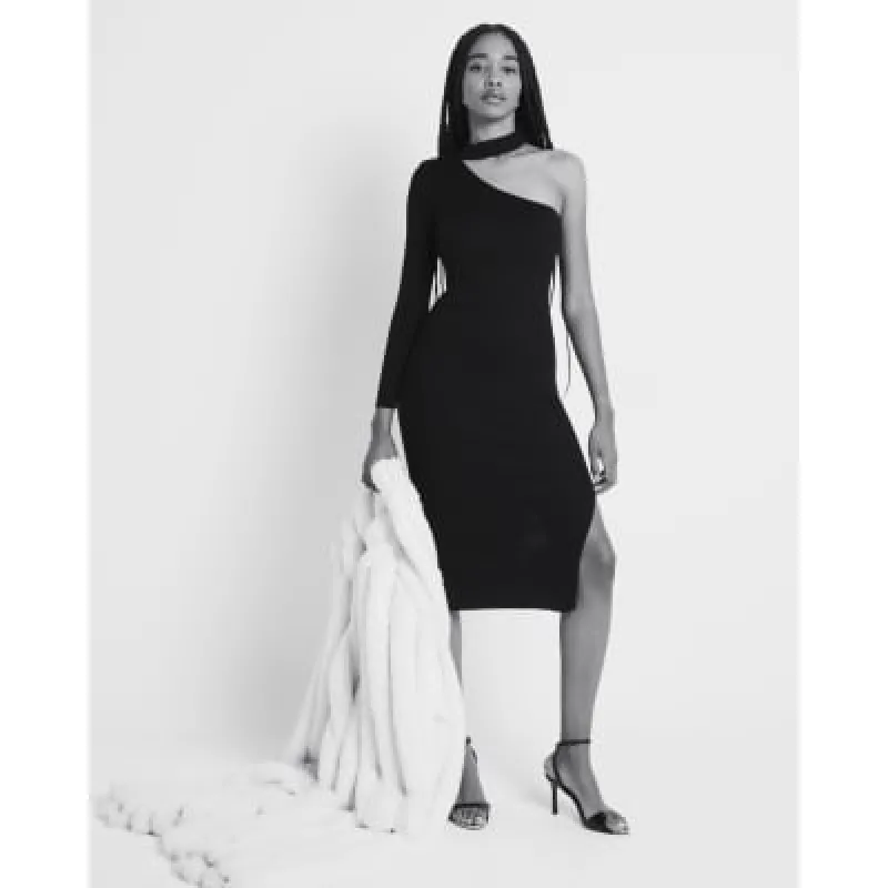 Black Asymmetric Midi Bodycon Dress sold by River Island