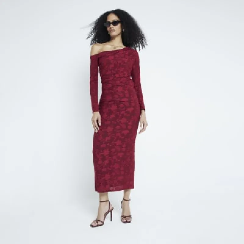 Red Long Sleeve Draped Off The Shoulder Top sold by River Island