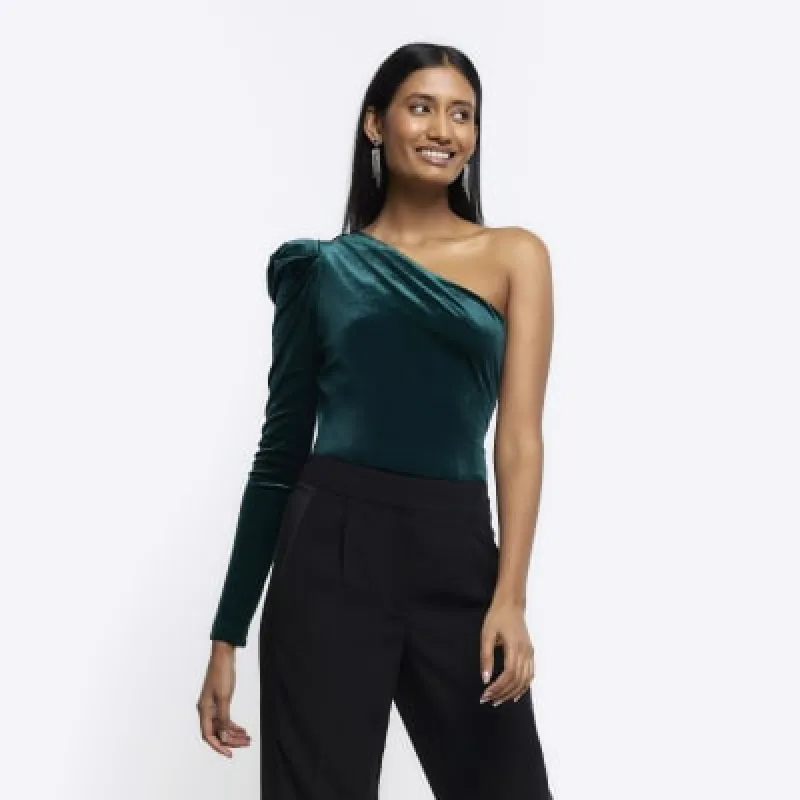 Green velvet one shoulder bodysuit sold by River Island