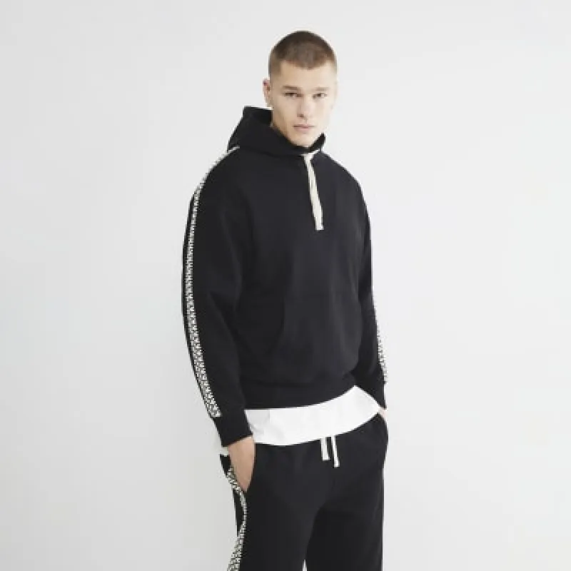 Black Aztec Tape Open Hem Hoodie sold by River Island