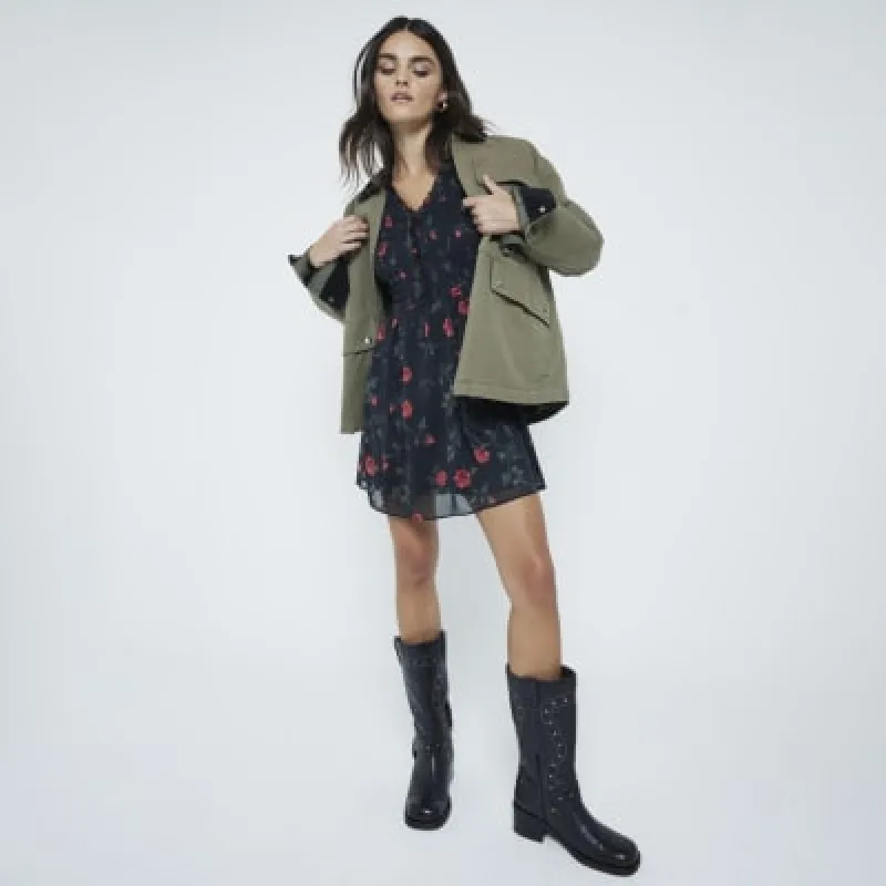 Black Shirred Floral Print Mini Dress sold by River Island