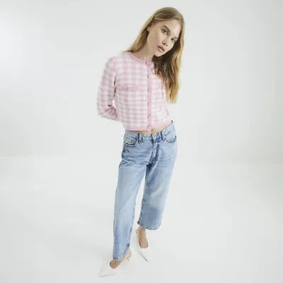 Pink Check Print Knit Cardigan sold by River Island