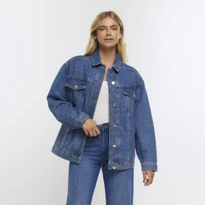 Blue oversized embellished denim jacket sold by River Island