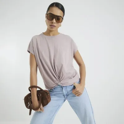 Pink Short Sleeve Twist Front T-shirt sold by River Island