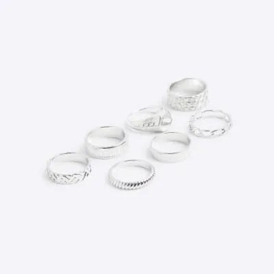 7 Pack silver colour textured rings sold by River Island