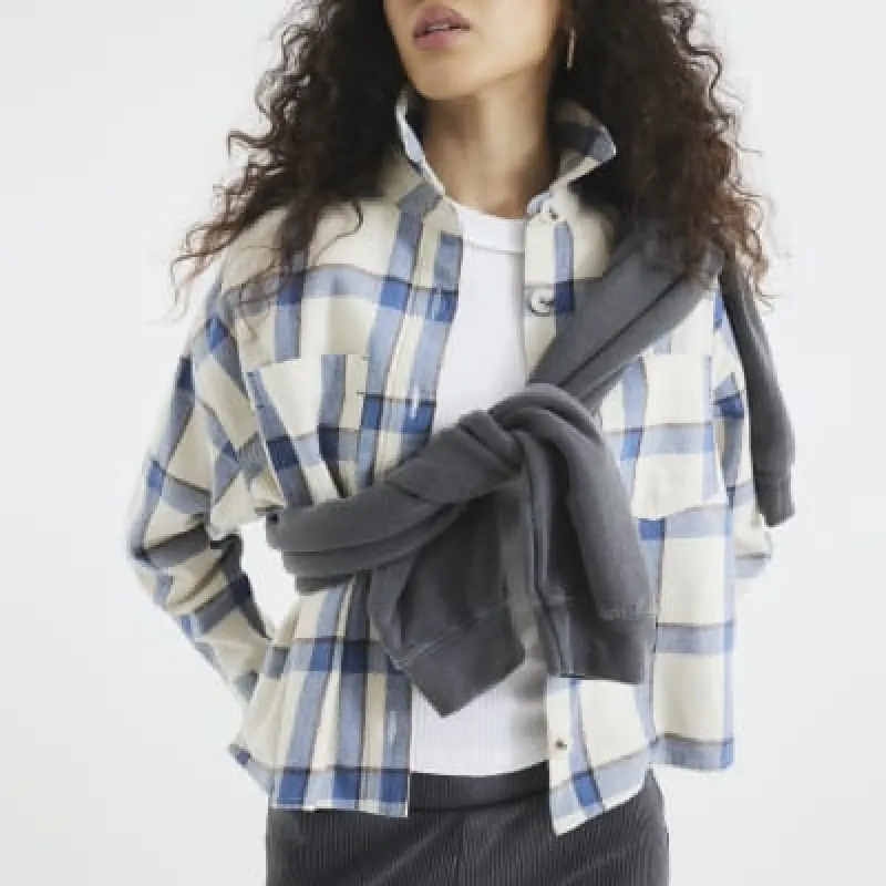 Cream Cropped Check Shirt sold by River Island