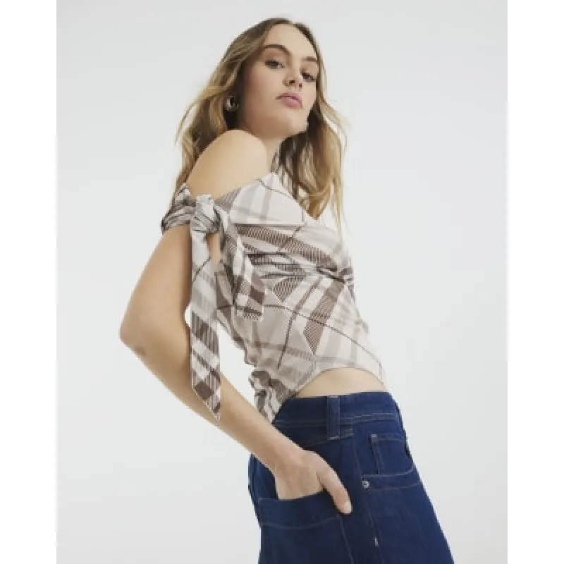 Beige Drape Tie Check Asymmetric Top sold by River Island