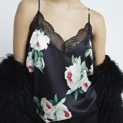 Black Lace Trim Floral Print Cami Top sold by River Island