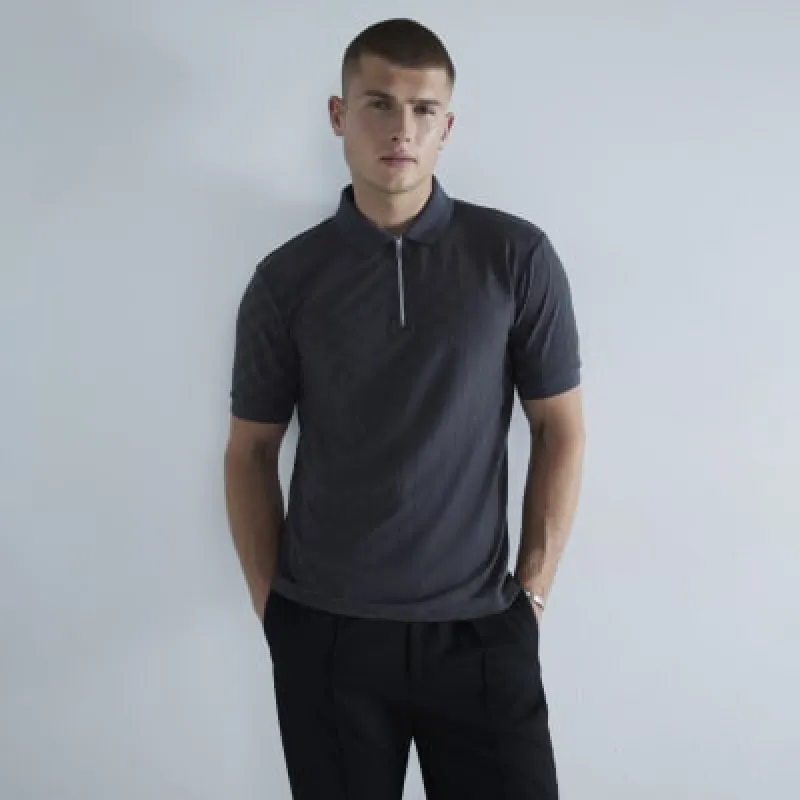Grey Slim Fit Checkerboard Polo Shirt sold by River Island