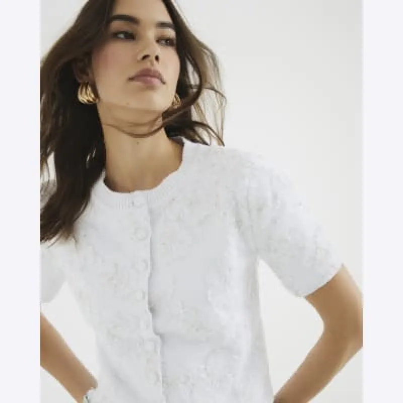 White Short Sleeve Floral Overlay Cardigan sold by River Island