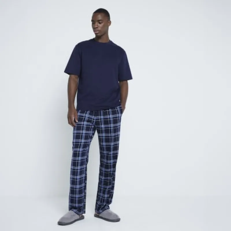Navy Check Printed Pyjamas Set sold by River Island