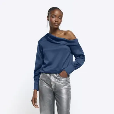 Blue satin off shoulder top sold by River Island