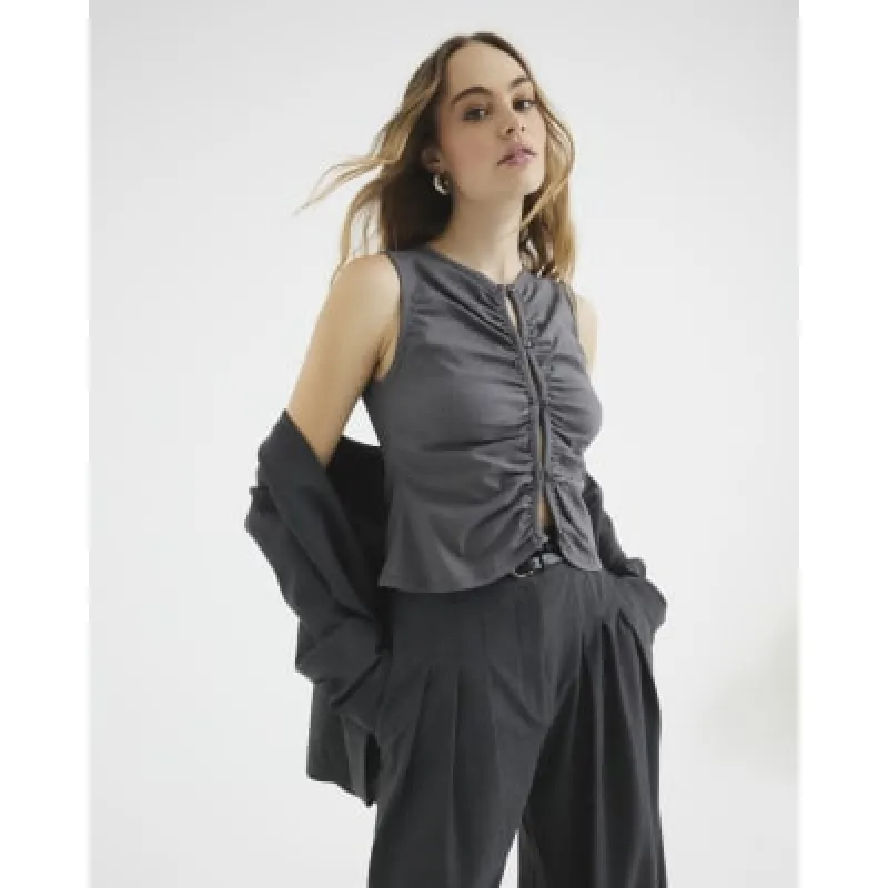 Grey Button Through Ruched Pinstripe Top sold by River Island