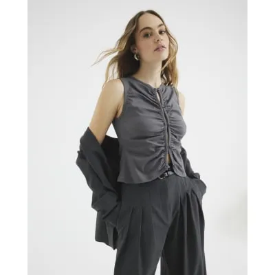 Grey Button Through Ruched Pinstripe Top sold by River Island